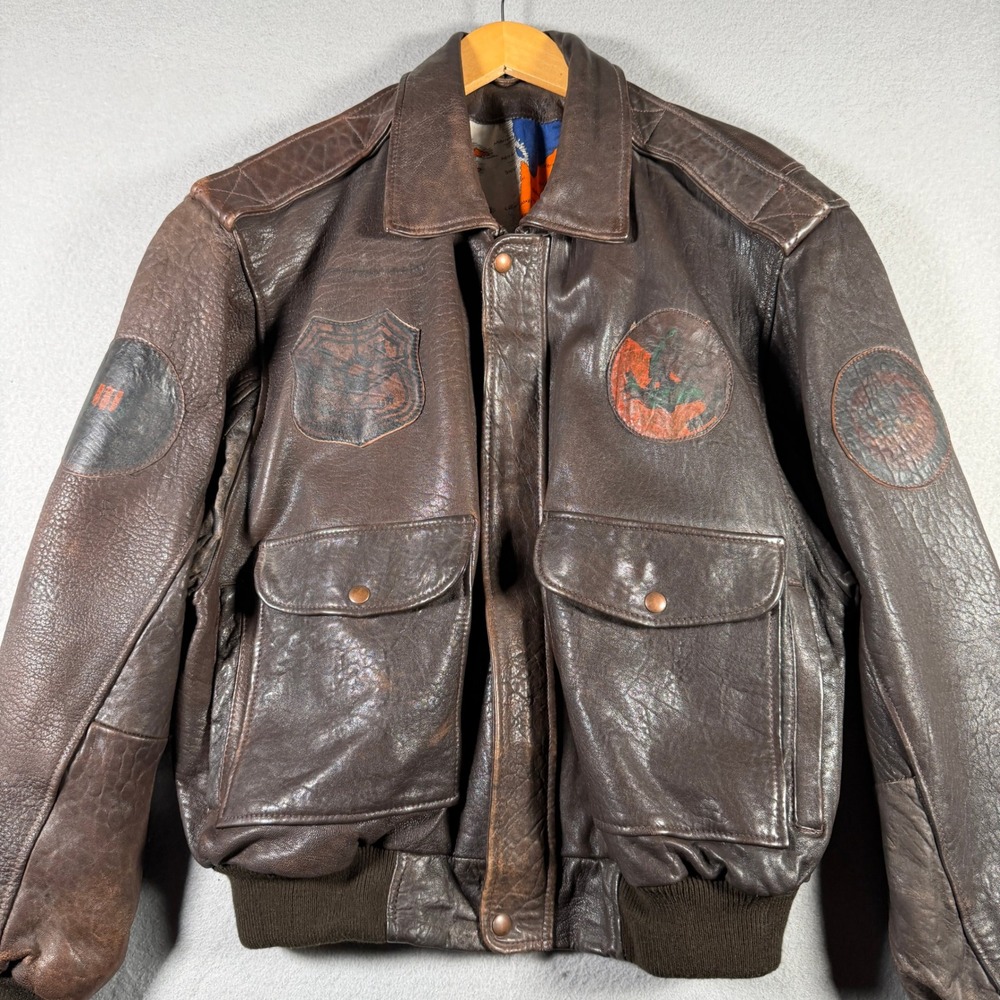 Gian Elpierro Vintage Leather Bomber Aviator Jacket Brown Map Lining Patches Men